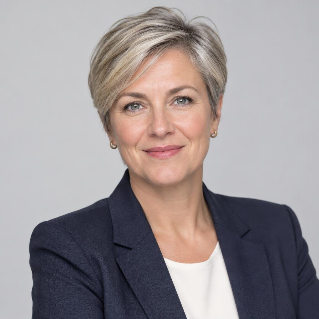 Studio portrait of a woman with short hair smiling