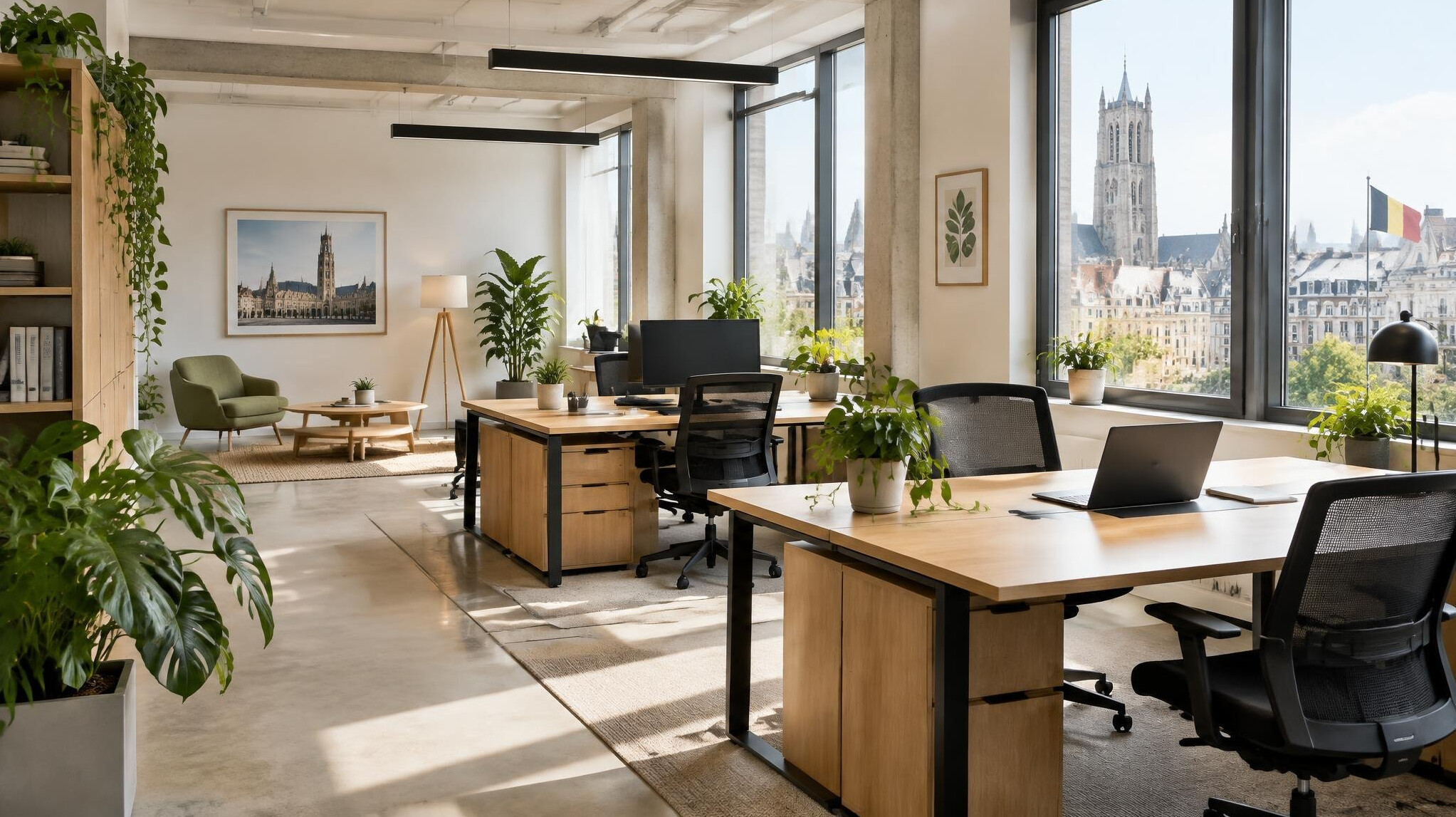 Bright modern office reception with plants