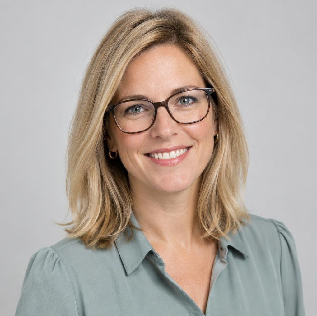 Studio portrait of a smiling woman with glasses